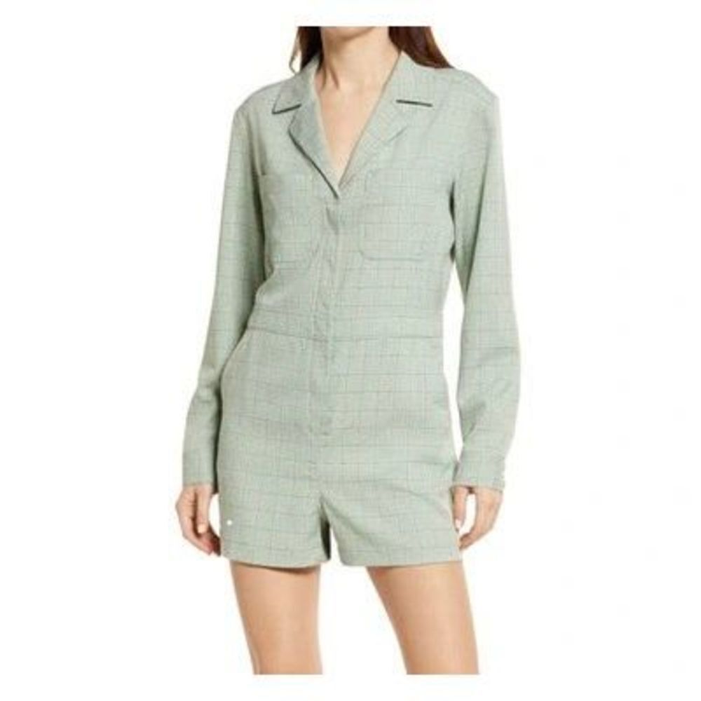 TREASURE & BOND Plaid Romper In Green Basil Jump Plaid size L NWT